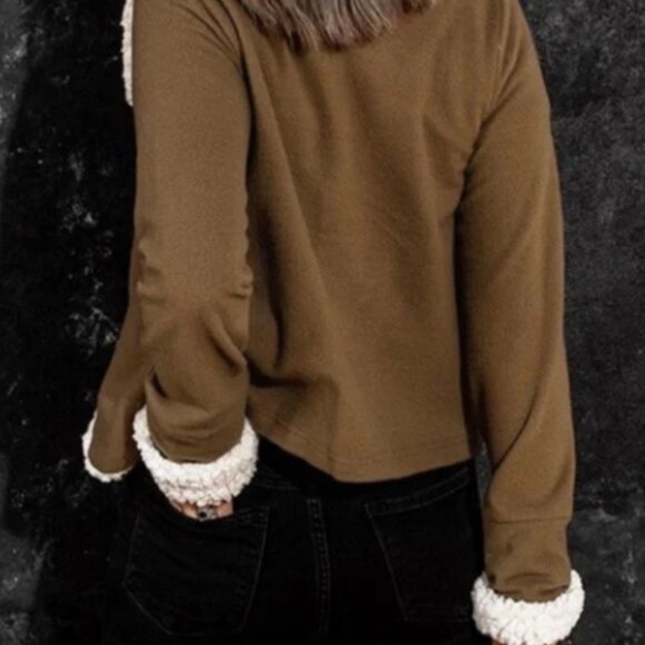 NWOT-M🤎–🤍Brown-M-Sherpa lined jacket / Faux-shearing jacket-white collar - Picture 2 of 5